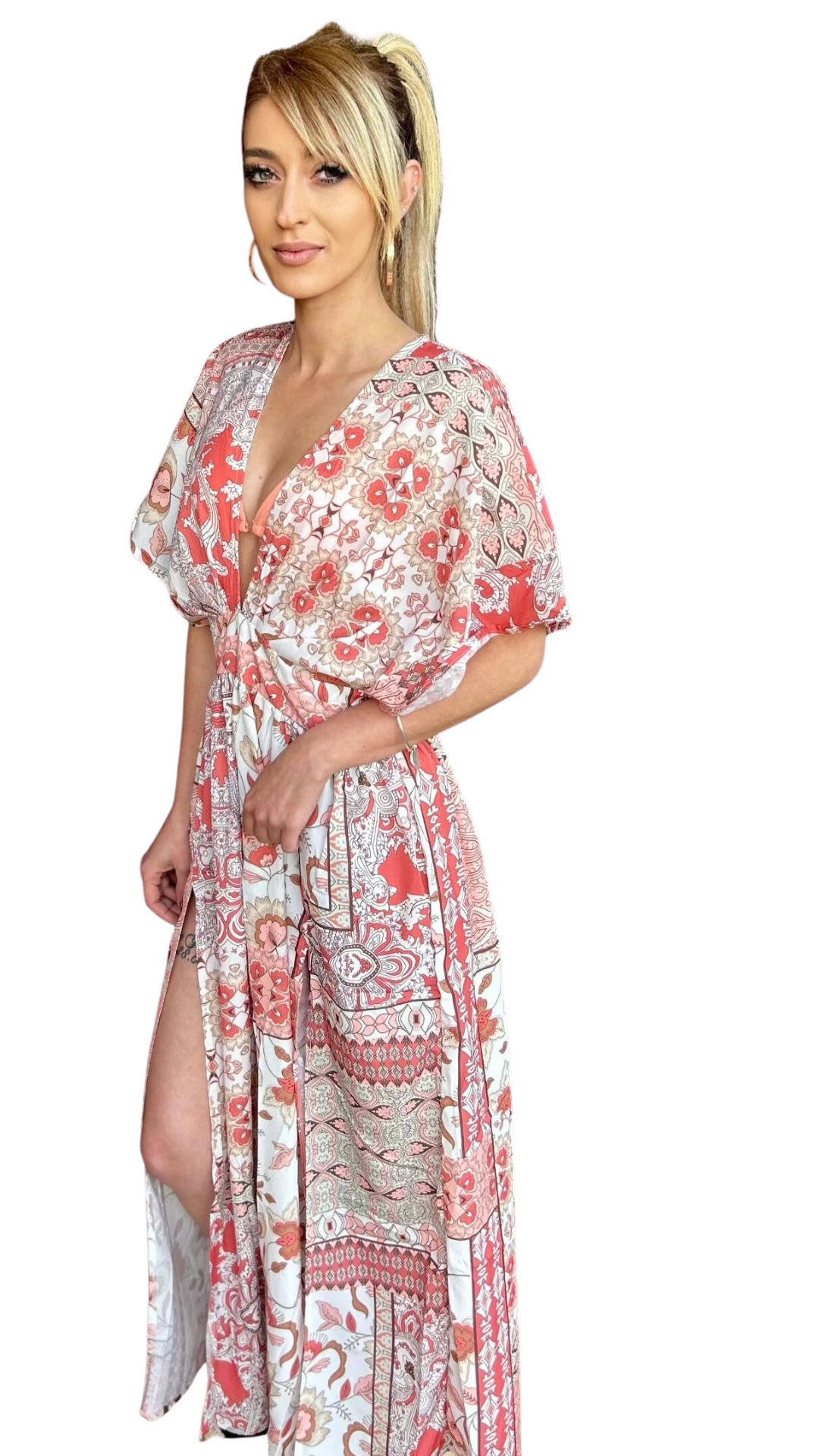 Robe de plage rouge imprimé bohème