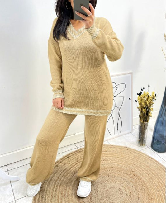 ENSEMBLE LUREX COL V PULLOVER + PANTALON