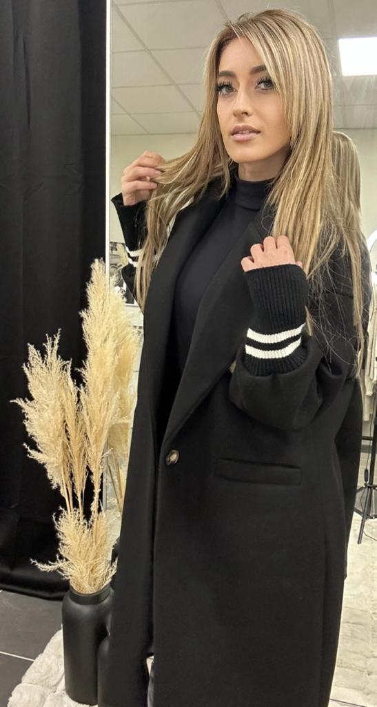 Manteau long Noir bicolore à manches resserrées